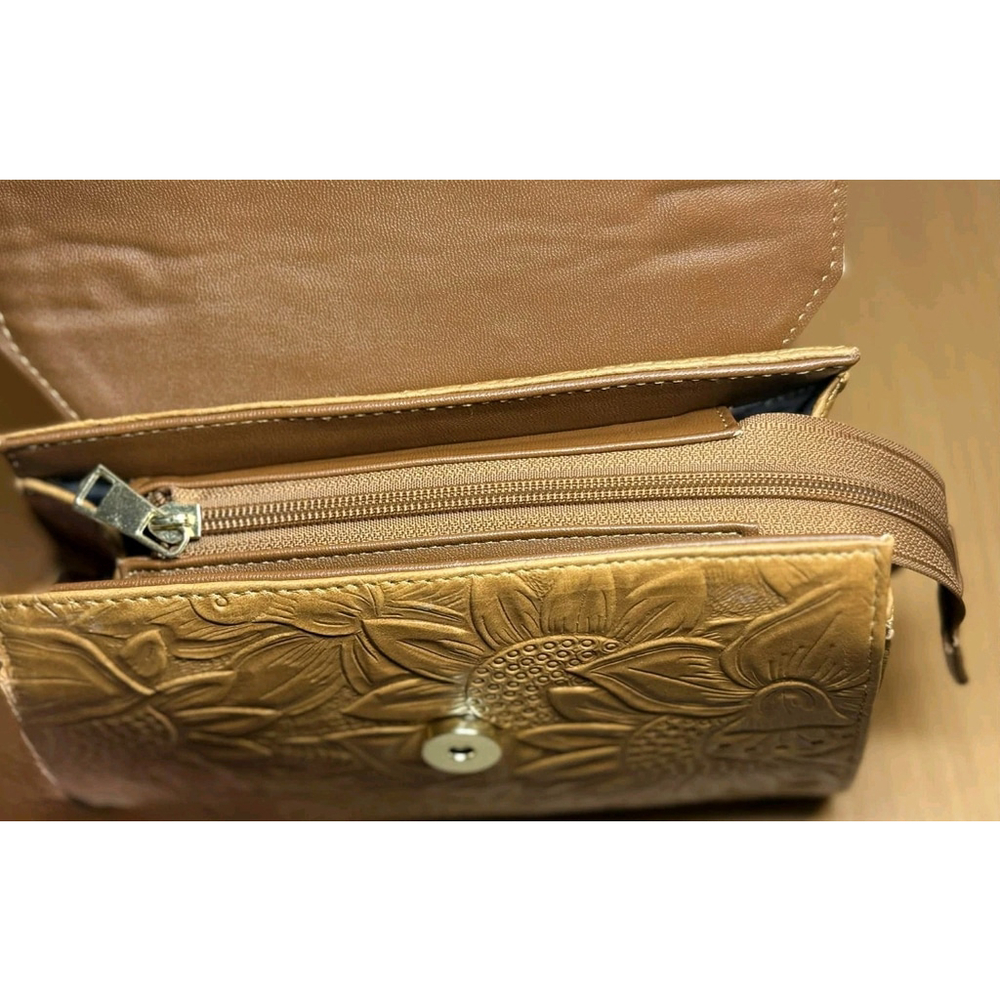 Camel Beige Sunflower Embossed Tooled Artisan LEATHER Crossbody bag Purse - Picture 9 of 16
